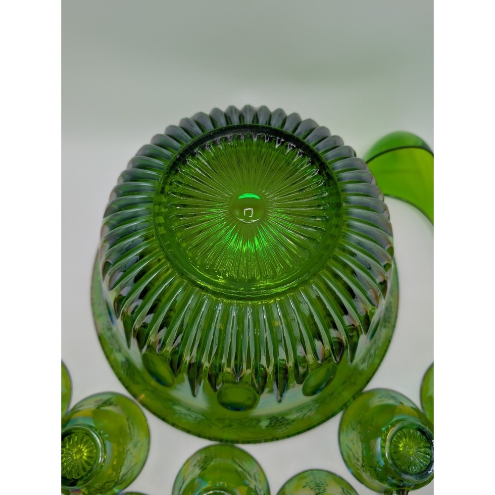 Vintage Indiana Carnival Glass Iridescent Green Punch Bowl Set With 12 Cups - Picture 10 of 16